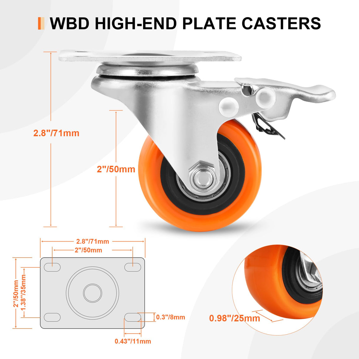 W B D WEIBIDA 2" Plate Caster Wheels Heavy Duty 600 Lbs Load Capacity Swivel Casters with Brake Set of 4, Safety Dual Locking, No Noise Wheels for Furniture, Carts (Screws and Screwdriver) W B D WEIBIDA