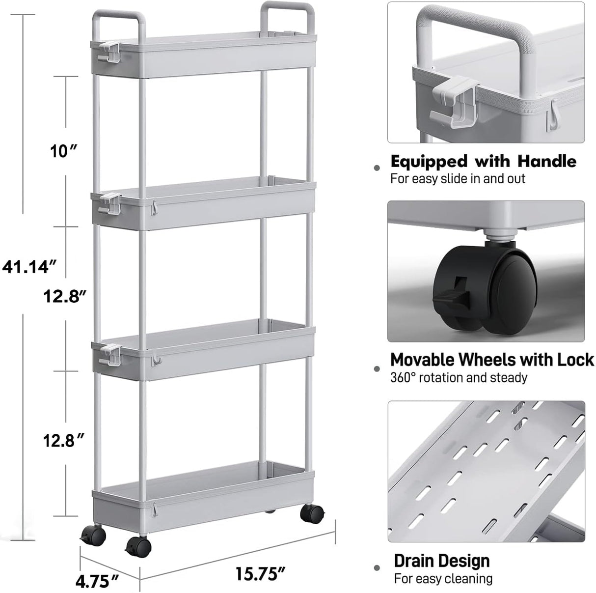 SOLEJAZZ Slim Storage Cart, 4 Tier Bathroom Organizer Mobile Shelving Unit, Rolling Utility Cart Slide Out Organizer for Kitchen, Bathroom, Laundry, Narrow Places, Gray SOLEJAZZ