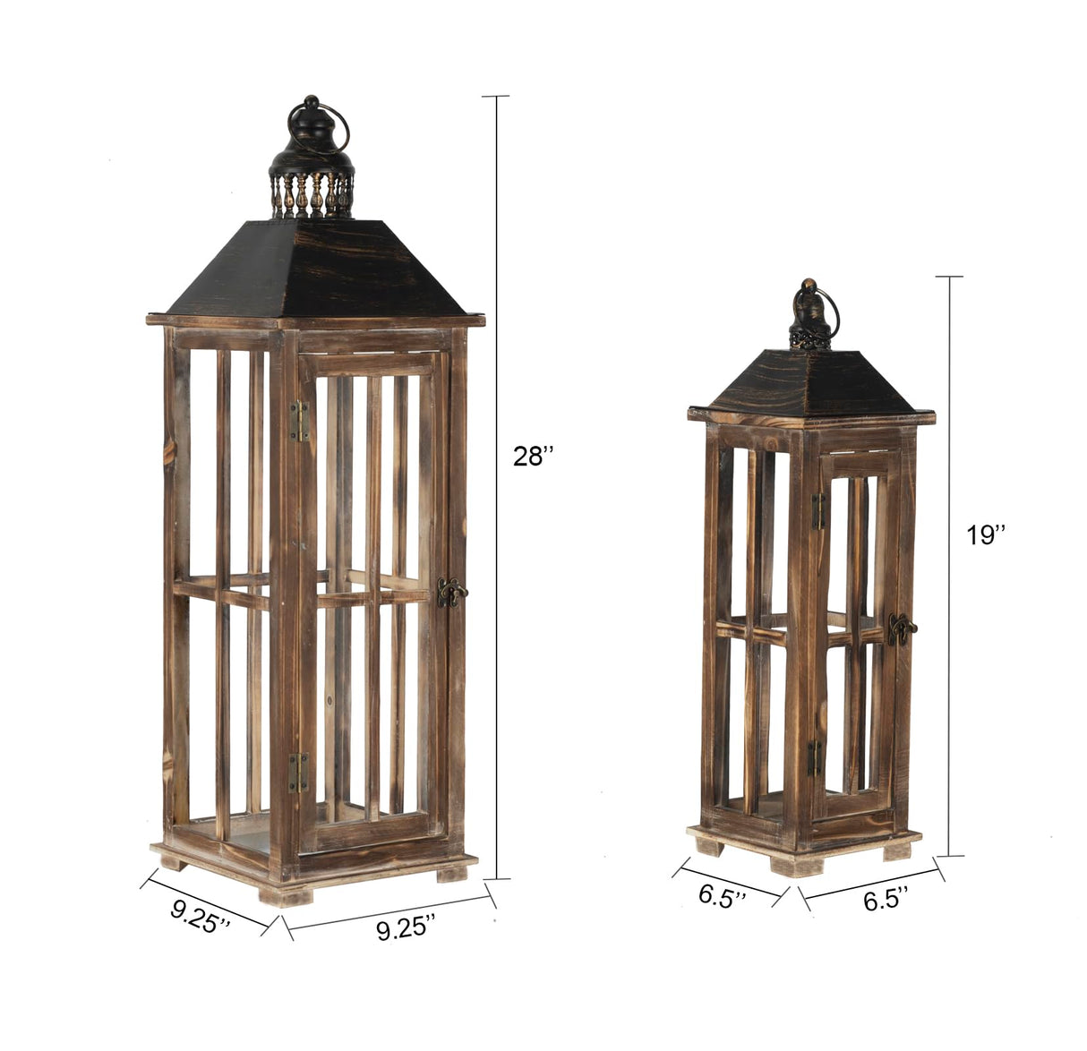 Large Farmhouse Wooden Decorative Lantern Set of 2, Rustic Distressed Brown Burnt Wood Floor Candle Lanterns, Indoor/Outdoor Hanging Lanterns for Home Decor (No Glass) TIMRIS