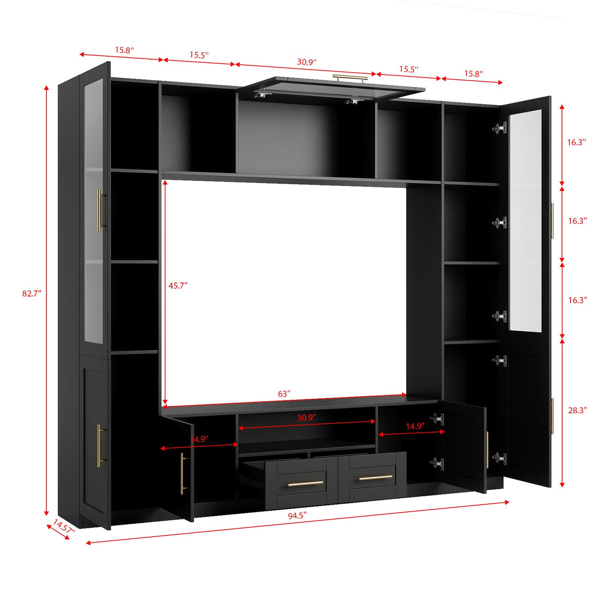 Mekminop 4-Piece TV Stand for TVs Up to 70" - Modern Entertainment Wall Unit with Shelves, Large Media Center for Living Room, Black Mekminop