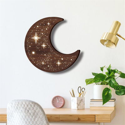 Wooden Moon Wall Art Decor, Boho Wooden Moon Phase Stars LED Lamp Wall Hanging Decor Sign, Wood Carving LED Night Light Wall Sculptures, 3D Home Wall Art Decoration for Kids Bedroom Living Room (A)
