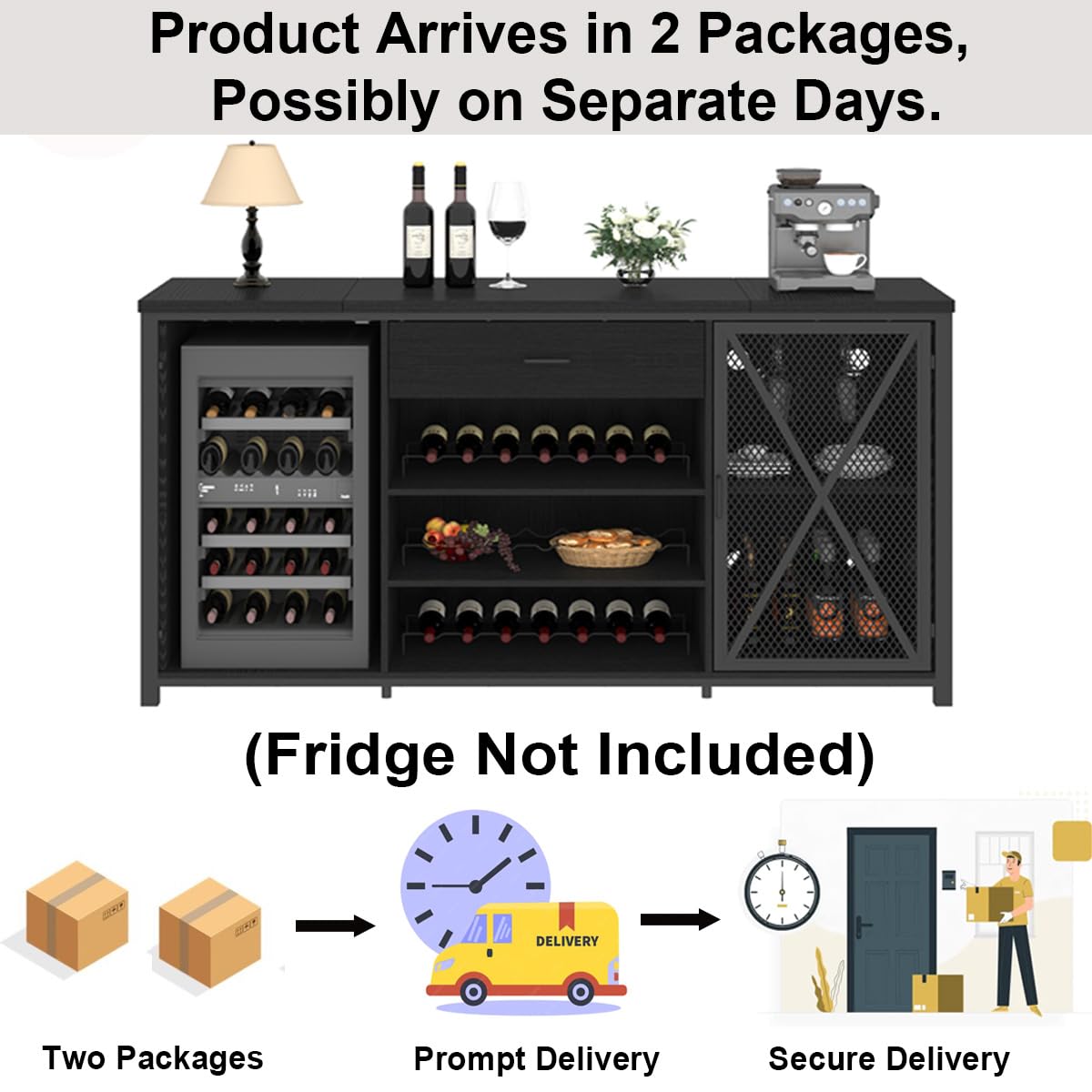 LVB Long Coffee Bar Cabinet with Fridge Space, Modern Wood Metal Large Wine Liquor Cabinet with Rack, Big Wide Sideboard Buffet Cabinet with Drawer Storage for Kitchen Dining Room, Black Oak, 70 Inch LVB