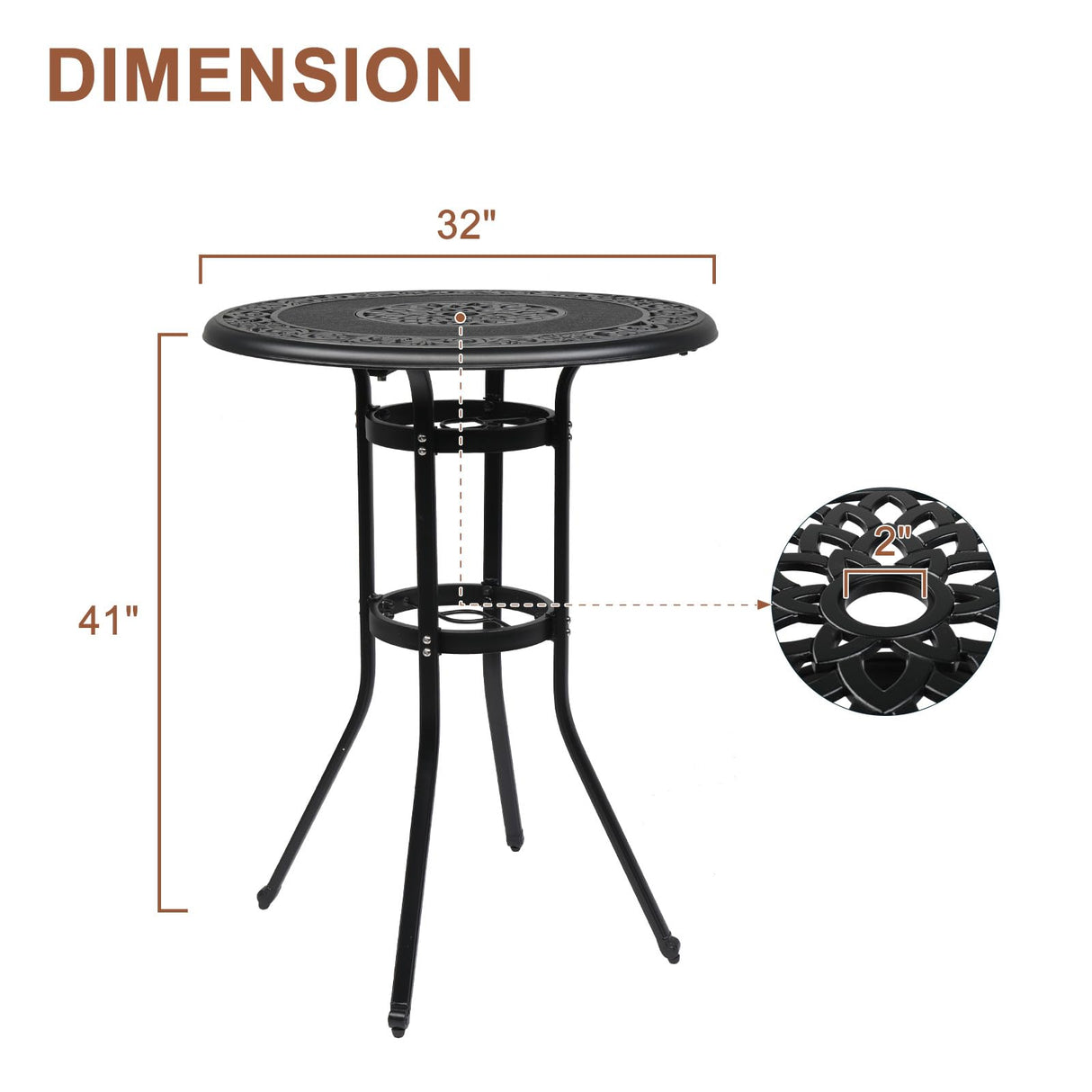 VINGLI Cast Aluminum Bar Height Patio Table with Umbrella Hole - Tall Outdoor Bistro Table, 32" Dia x 41" H (Black) VINGLI