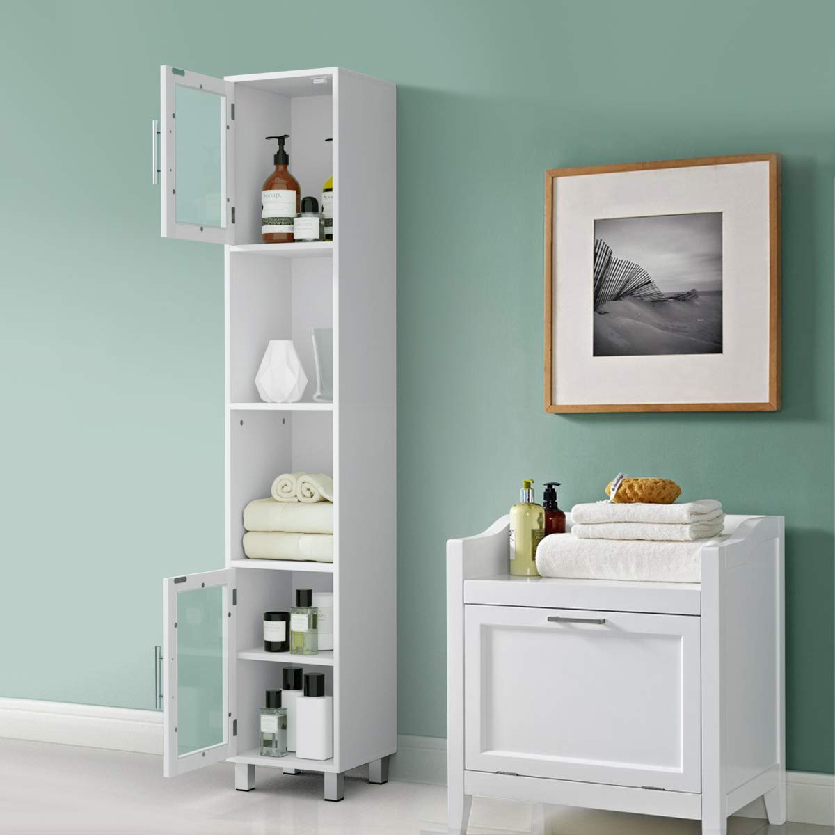 Tangkula Tall Bathroom Cabinet, Home Living Room Wood Storage Cabinet Free Standing w/ 4 Shelves and 2 Glass-Paneled Doors Suitable Tall Bathroom Cabinet Tangkula