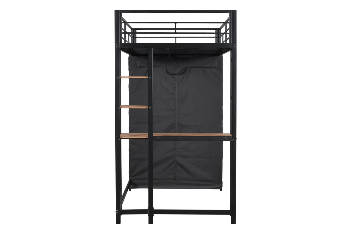 PVWIIK Twin Size Loft Bed with Desk and Bookcase for Kids Adults,Loft Bed with USB Ports and Shelves for Dorm,Bedroom,Guest Room, Noise Free No Box Spring Needed,Black PVWIIK