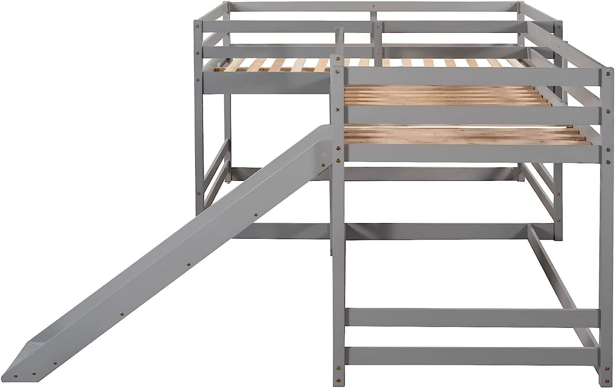 MERITLINE Quad Bunk Beds,Wood L-Shaped Bunk Beds with Slide and Ladder, 4 in1 Full and Twin Size Bunk Bed for Kids, Teens, Adults,Grey MERITLINE