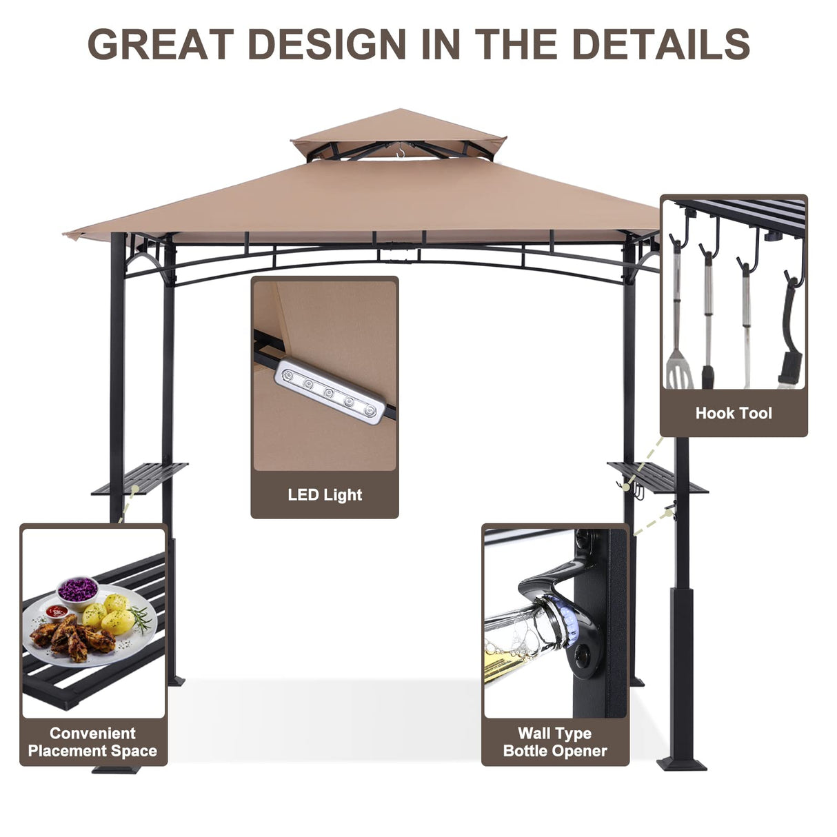 ABCCANOPY 8x5 Grill Gazebo - Outdoor BBQ Canopy Shelter with Led Light for Patio Backyard Grilling (Khaki) ABCCANOPY