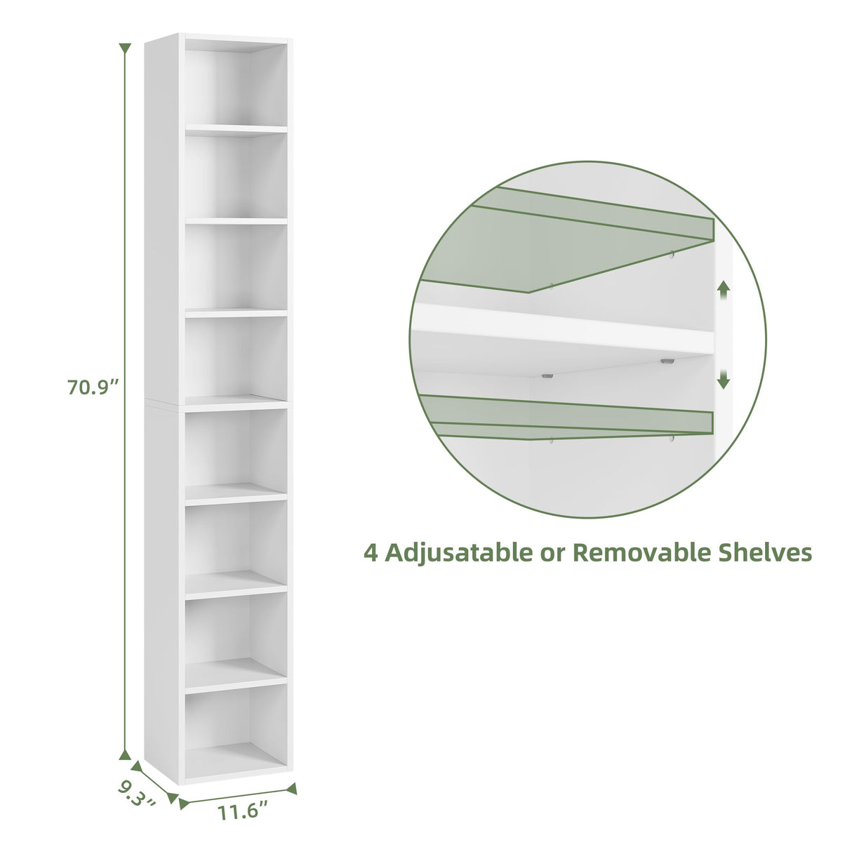 Bamjoy 71 Inches Tall Narrow Bookshelf, 8-Tier CD DVD Slim Media Tower Rack, Corner Bookcase with Adjustable Shelves, Skinny Cubes Bookshelves for Home Office Small Space, White Bamjoy