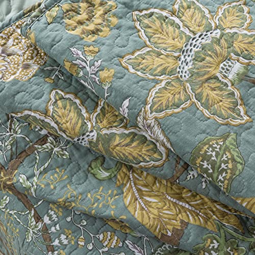 NEWLAKE Cotton Bedspread Quilt Sets-Reversible Patchwork Coverlet Set, Green Floral Pattern, Queen Size NEWLAKE