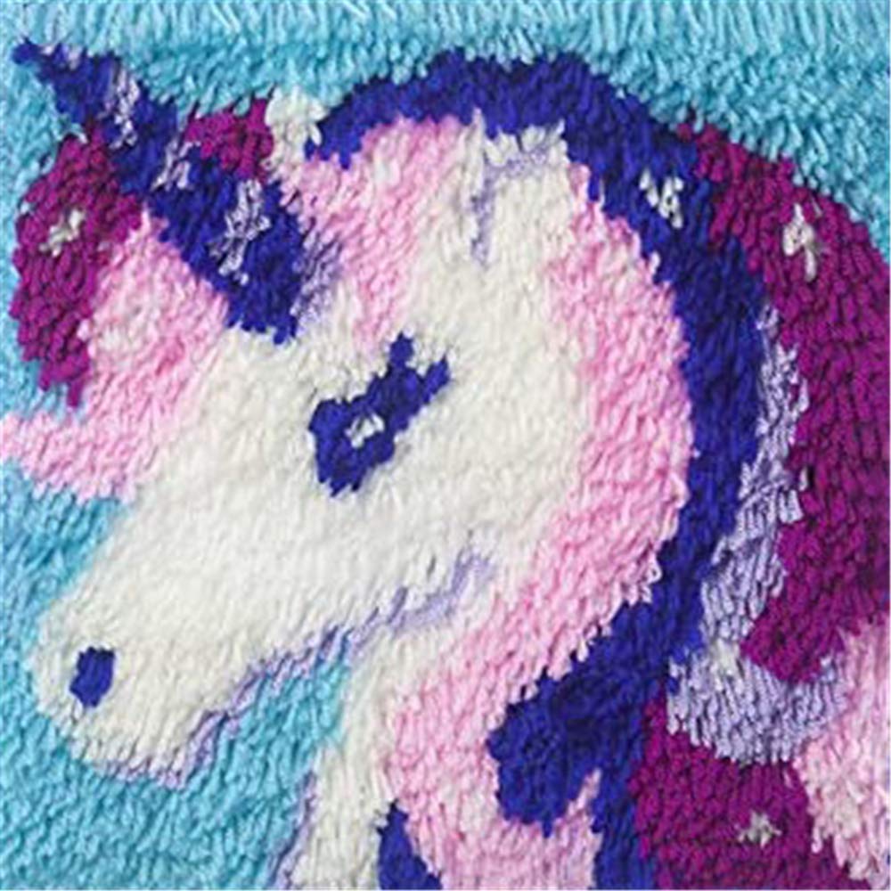 DL-YTG Latch Hook Kits Pillow Unicorn Crochet Yarn Cushion Colour Pre-Printed Canvas Rug Needlework DIY Pillowcase Hook and Latch Kit Home Arts Crafts Sofa Decoration 42x42cm/16X16inch DL-YTG