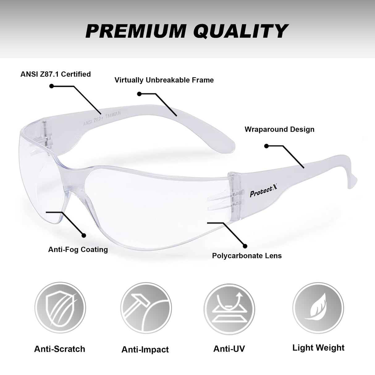 ProtectX 12 Pack Clear Anti Fog Safety Glasses, Protective Eyewear for Men Women, ANSI Z87.1 Impact Resistant Wrap-Around Lenses, Eye Protection for Work, Lab, Construction ProtectX