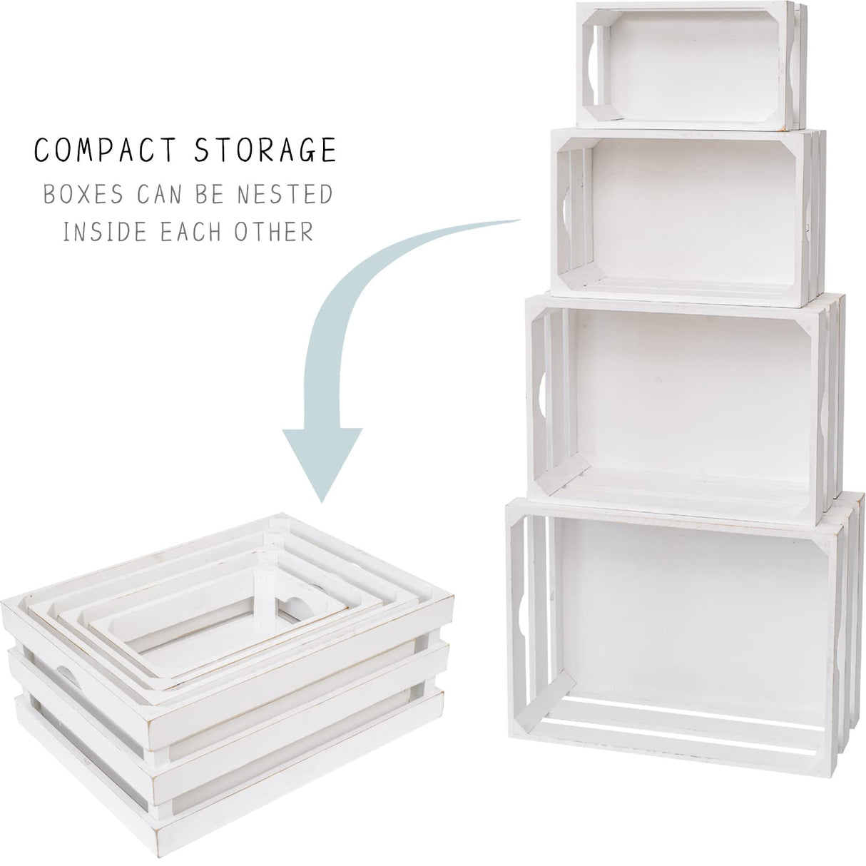 MACVAD Set of 4 Large Wooden Crates Decorative, Whitewashed Nesting Wooden Crates for Display Rustic, Farmhouse Wooden Storage Container Boxes Made from 100% Wood MACVAD