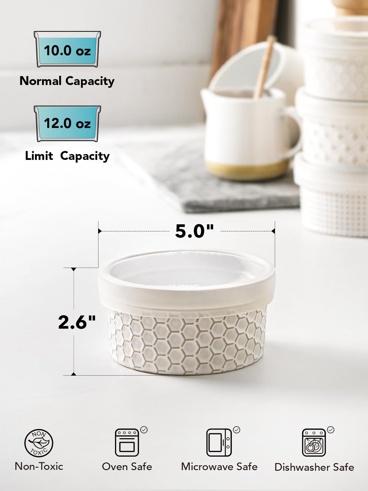 LE TAUCI Ramekins with Lids, 12 oz Ramikin Set for Creme Brulee, Souffle, Dipping Sauce, Ceramic Food Storage Container - 5 inch, Set of 4, Arctic White LE TAUCI