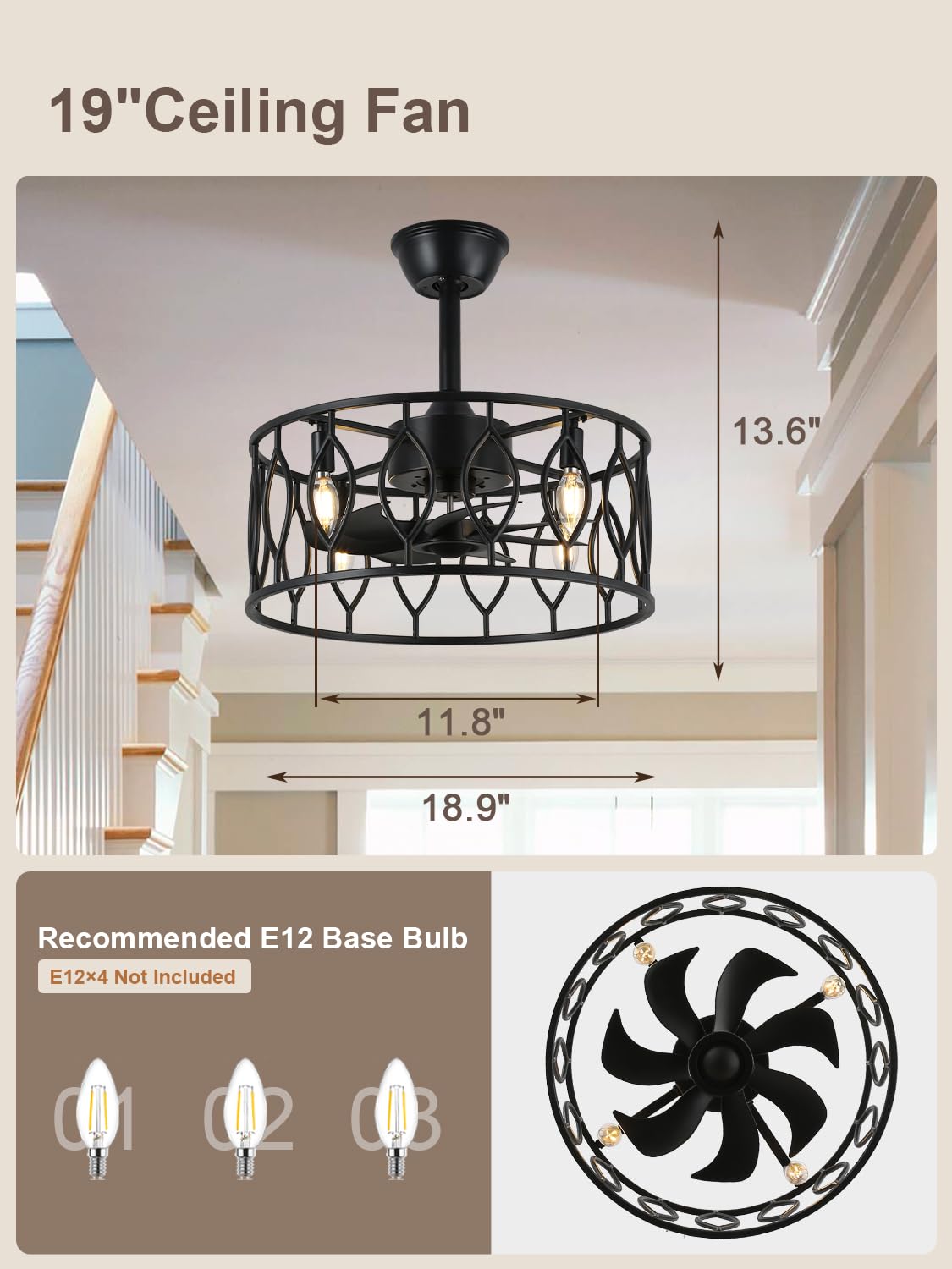 Curve Curio 19 Inch Caged Farmhouse Ceiling Fan with Lights and Remote, Rustic Industrial Fandelier Ceiling Fan Enclosed for Bedroom Curve Curio