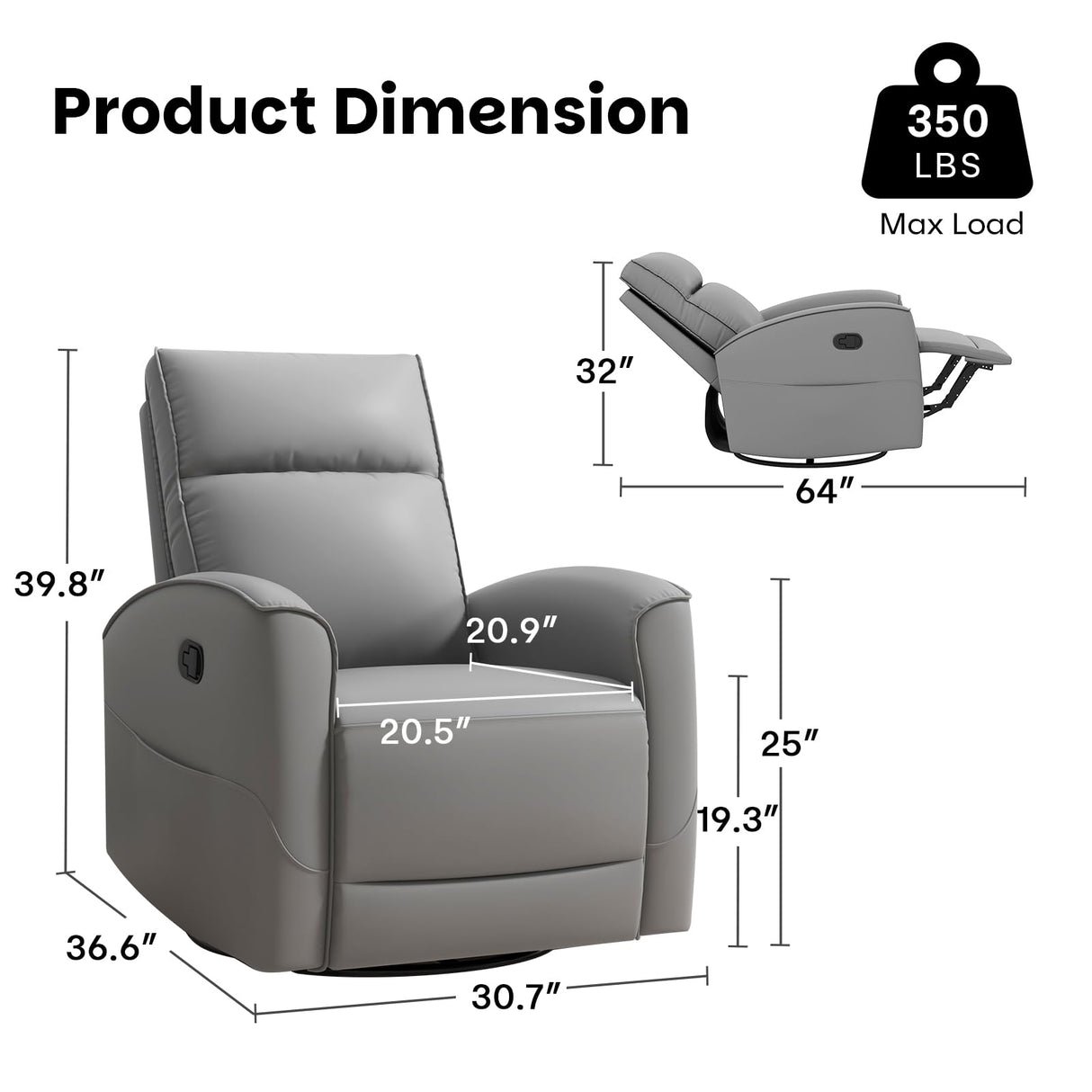 CANMOV Rocker Recliner Chair,360°Swivel Nursery Glider Recliner,Manual Recliner Sofa with Padded Armrest and Backrest,Leather Recliner for Small Spaces,Living Room,Bedroom,Grey CANMOV