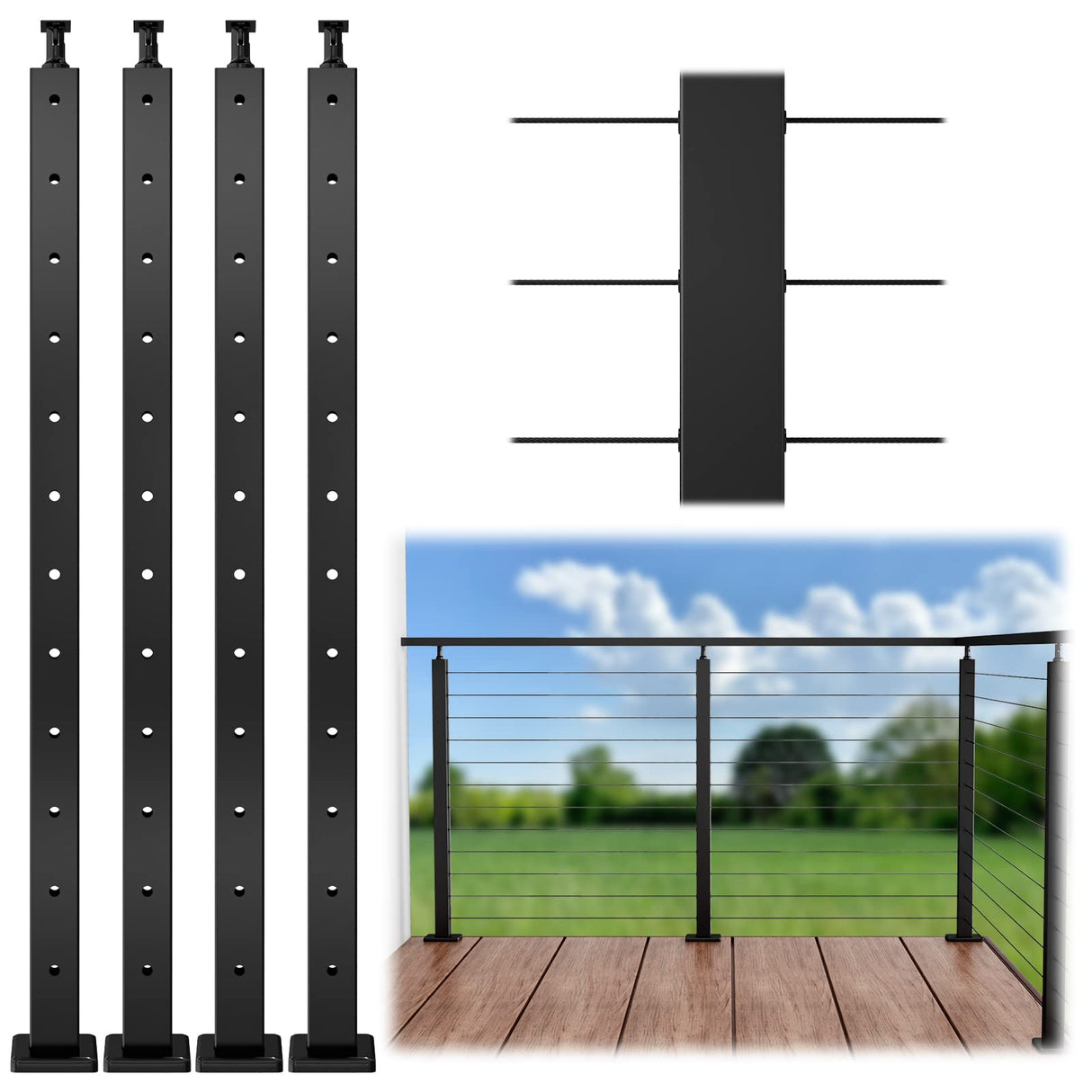 Muzata 4Pack Black Cable Railing Post 42 Inch 42"x2"x2" Level Drilled Surface Mount T304 Stainless Steel Cable Railing System Kit Indoor Outdoor with Paper User Guide PS01 BH4L Muzata