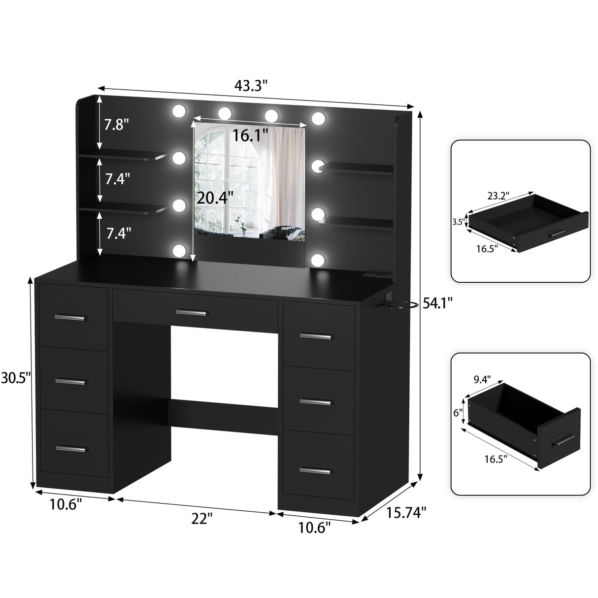 YESHOMY Vanity Desk with Mirror, Power Outlet and 10 Lights, Makeup Table with 7 Drawers, 3 Color Modes Available for Bedroom, Dark Black YESHOMY