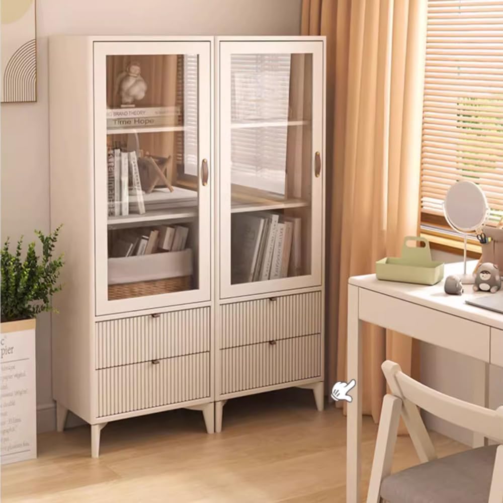 Elegant White Wooden Bookcase with Glass Doors and Storage Drawers for Stylish Home Organisation LITFAD