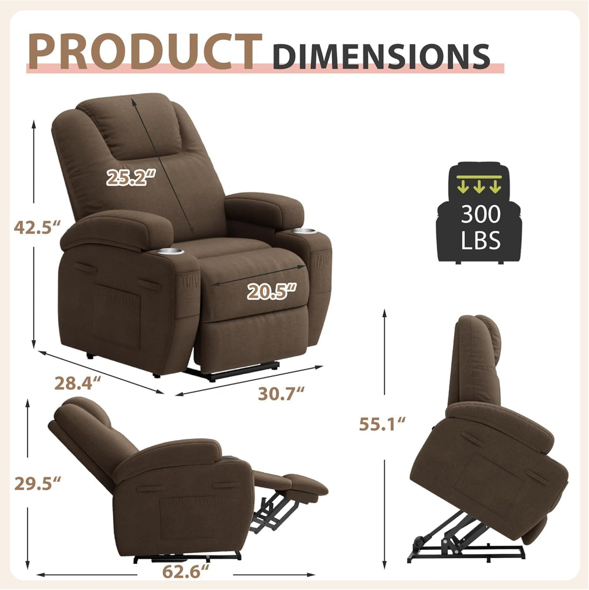 Flamaker Power Lift Chair Massage Recliner Chairs for Elderly - Ergonomic Design with Cup Holders & Side Pockets, Remote Control (Brown) Flamaker