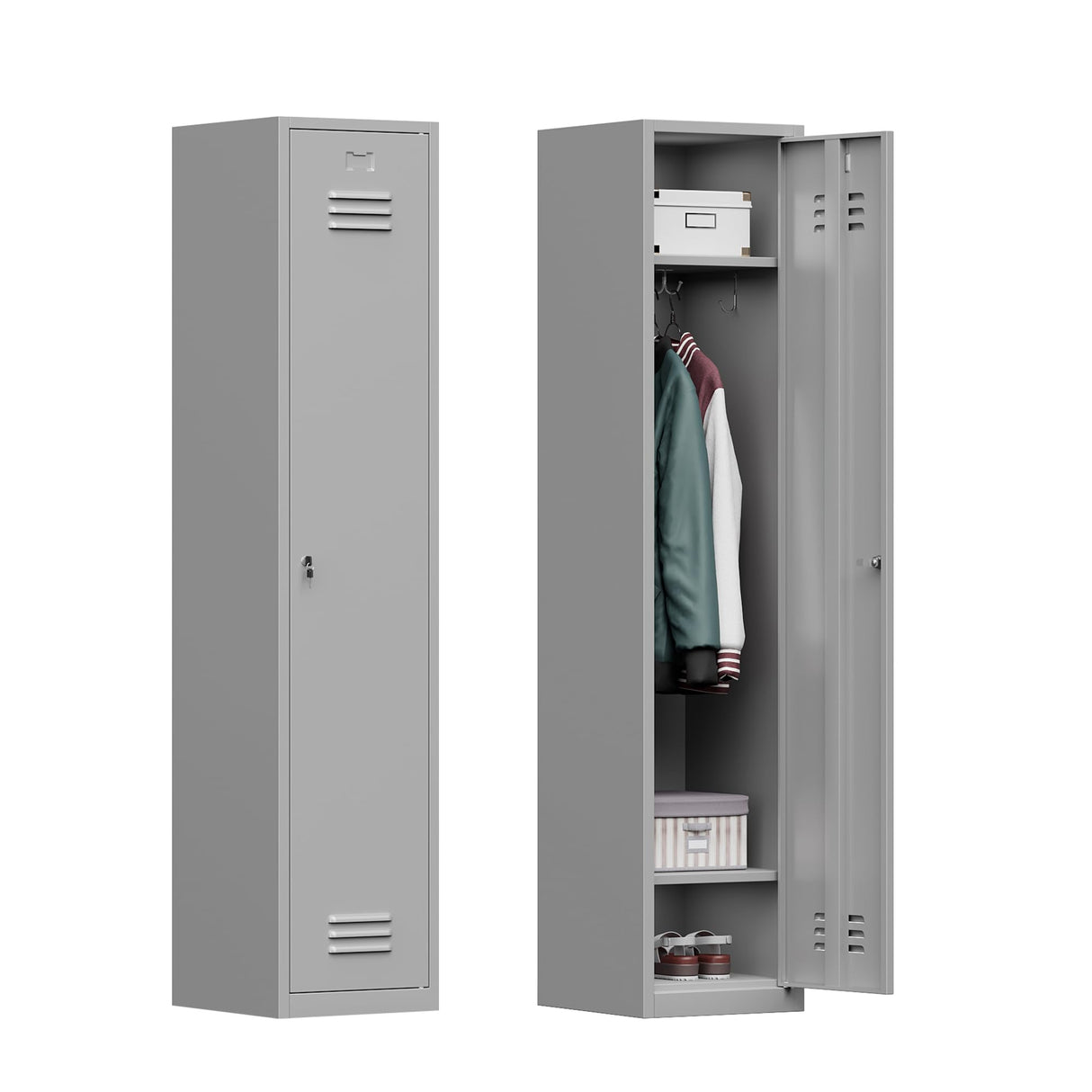 Topass Metal Lockers for Employees with Keys, 71" Tall Steel Storage Cabinet with Lockable Door, Metal Storage Locker for School Office Gym (1-Door, Grey) Topass