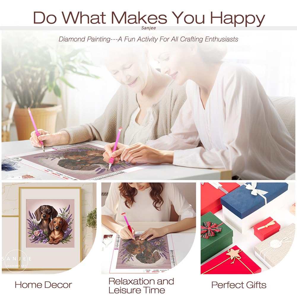 Sanjee Dogs Diamond Art Kits for Adults, Diamond Painting Kits for Beginner, 5D DIY Round Full Drill Gem Art Crafts for Home Wall Decor Gift, 12x12inch Sanjee