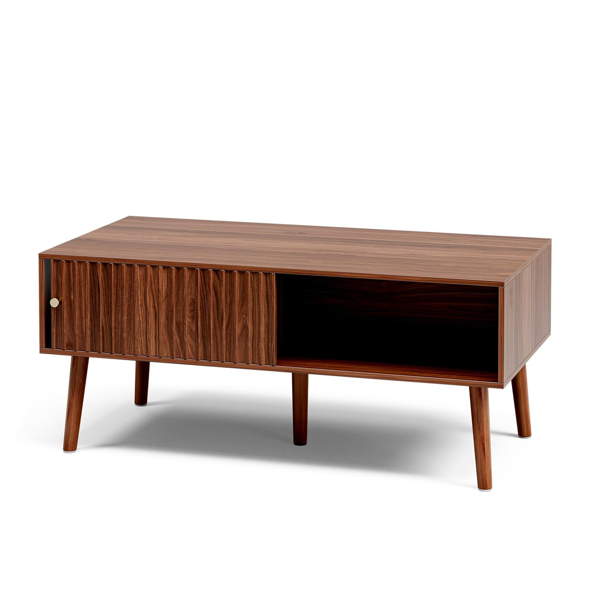 LCRBOL Coffee Table with Storage, Mid Century Dining Table with Sliding Fluted Door and Solid Wood Legs, Small Coffee Tables for Living Room, Walnut LCRBOL
