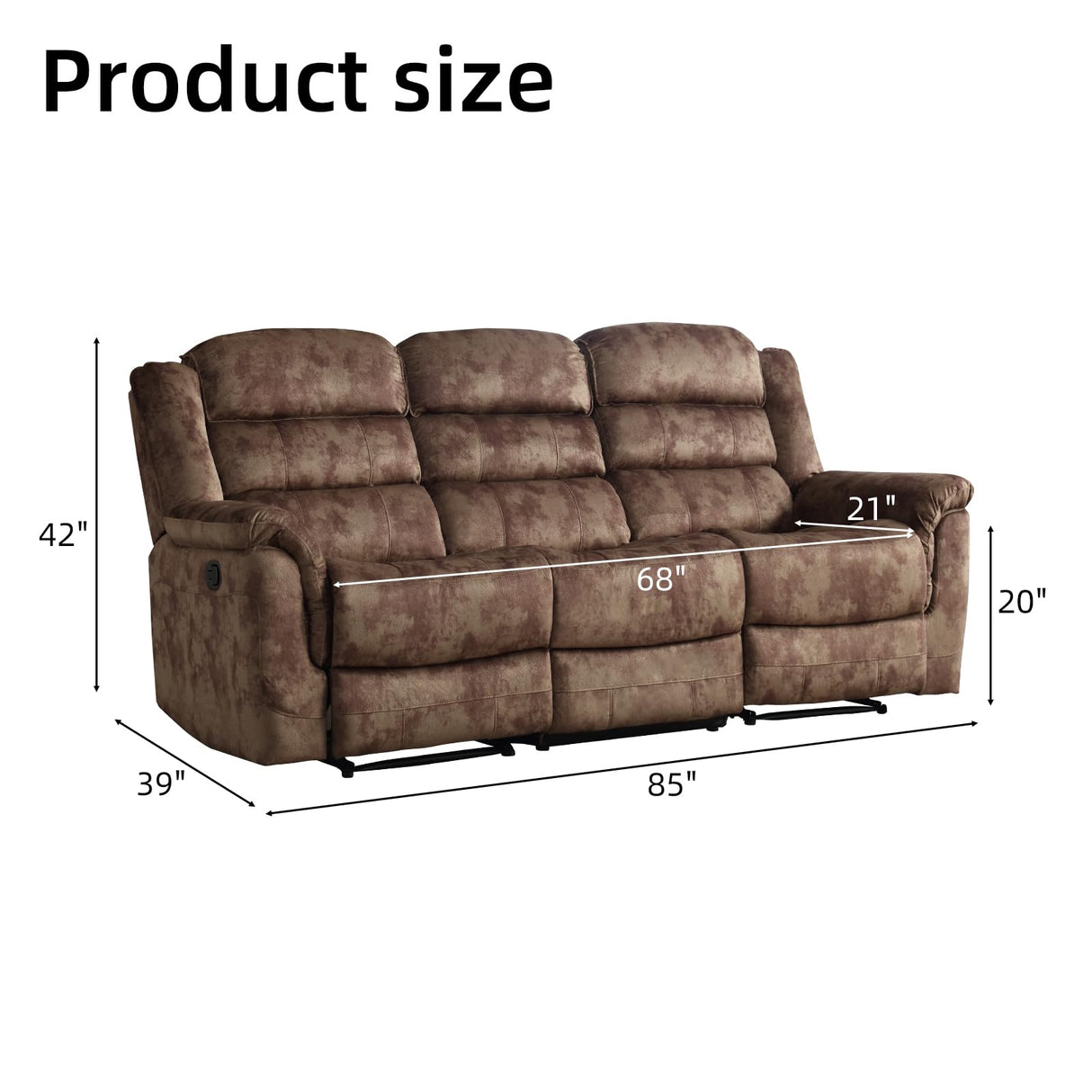 EBELLO Reclining Sofa for Living Room, Extra Wide Modern Overstuffed 3 Seat Recliner Manual Sofa Chair, Breathable Soft Fabric and Padded Seat, Brown EBELLO
