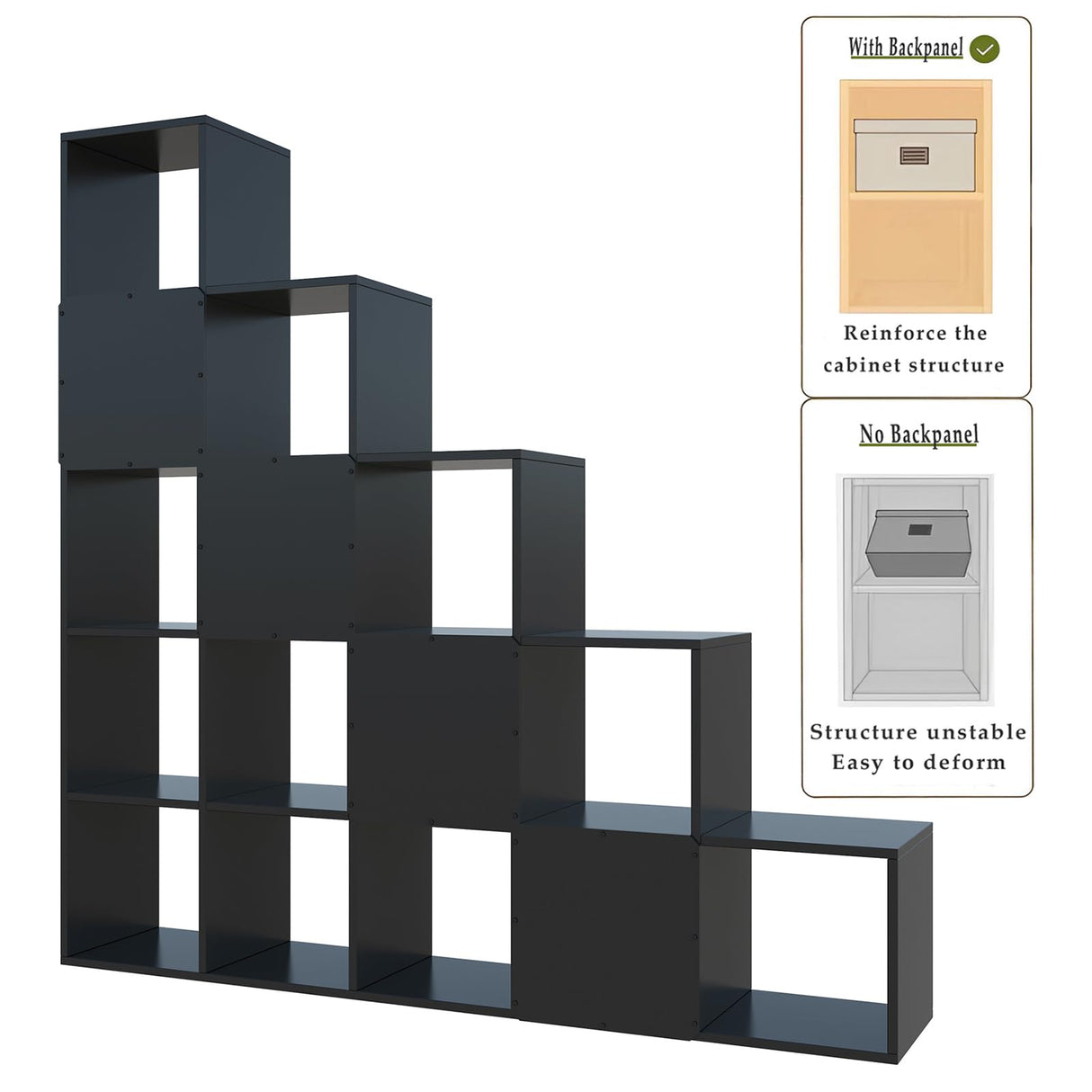 OSCHF Ladder Cube Storage Bookcase - Wooden L-Shaped 5-Tier Corner Shelf, Reversible 15-Cube Organizer for Home & Office, Black