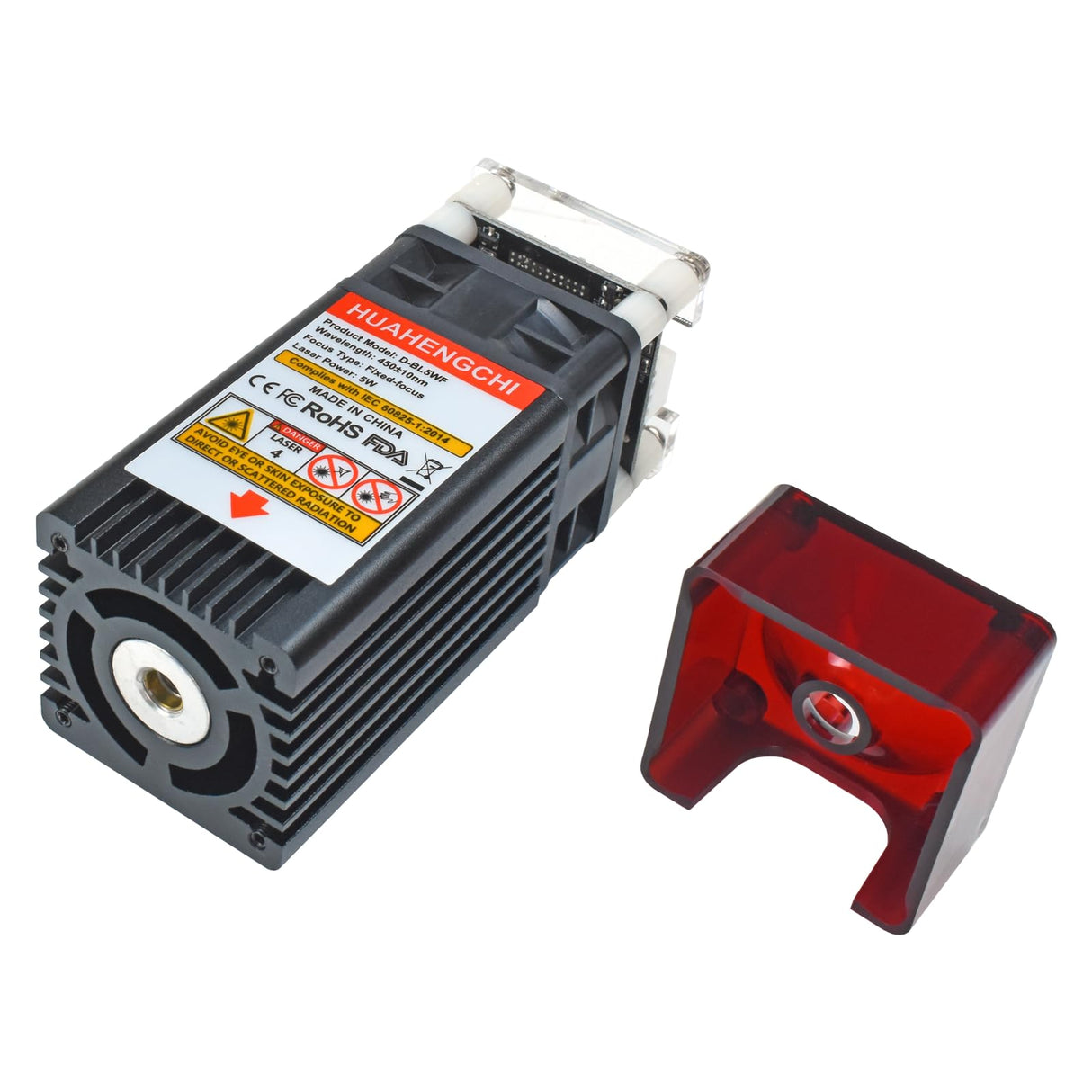 HUAHENGCHI 5000mW(5W) Laser Engraver Module w/Wind Gathering Hood, 450nm 23mm Fix Focus Laser Head for CNC Machines, DIY Laser Engraving Tool Suitable for Metal Wood Acrylic Paper, Class 4, 12V HUAHENGCHI