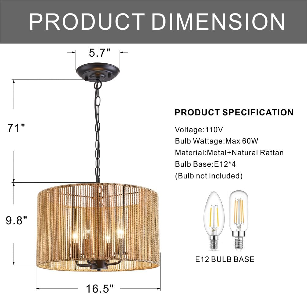 TELAFLY Rattan Wicker Drum Chandelier Light Fixtures,4 Light Boho Pendant Light Farmhouse Rustic Hand Woven Lighting for Dining Room Kitchen Island Living Room Bedroom TELAFLY