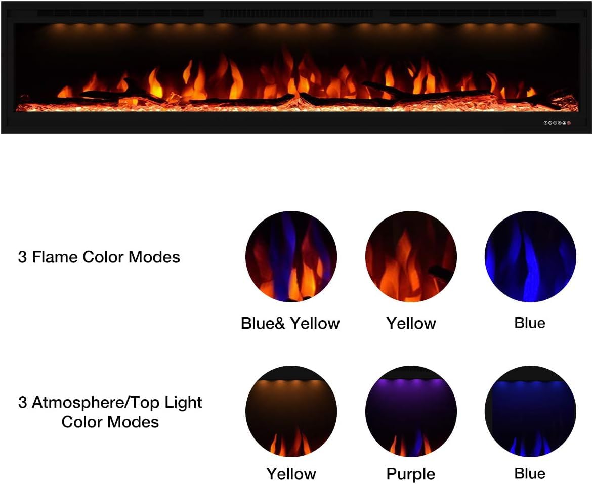 Valuxhome Electric Fireplace, 74 Inches Fireplace, Recessed and Wall Mounted Fireplaces for Living Room with Remote, Overheating Protection, Logset and Crystal, Touch Screen, 1500W/750W, Black Valuxhome