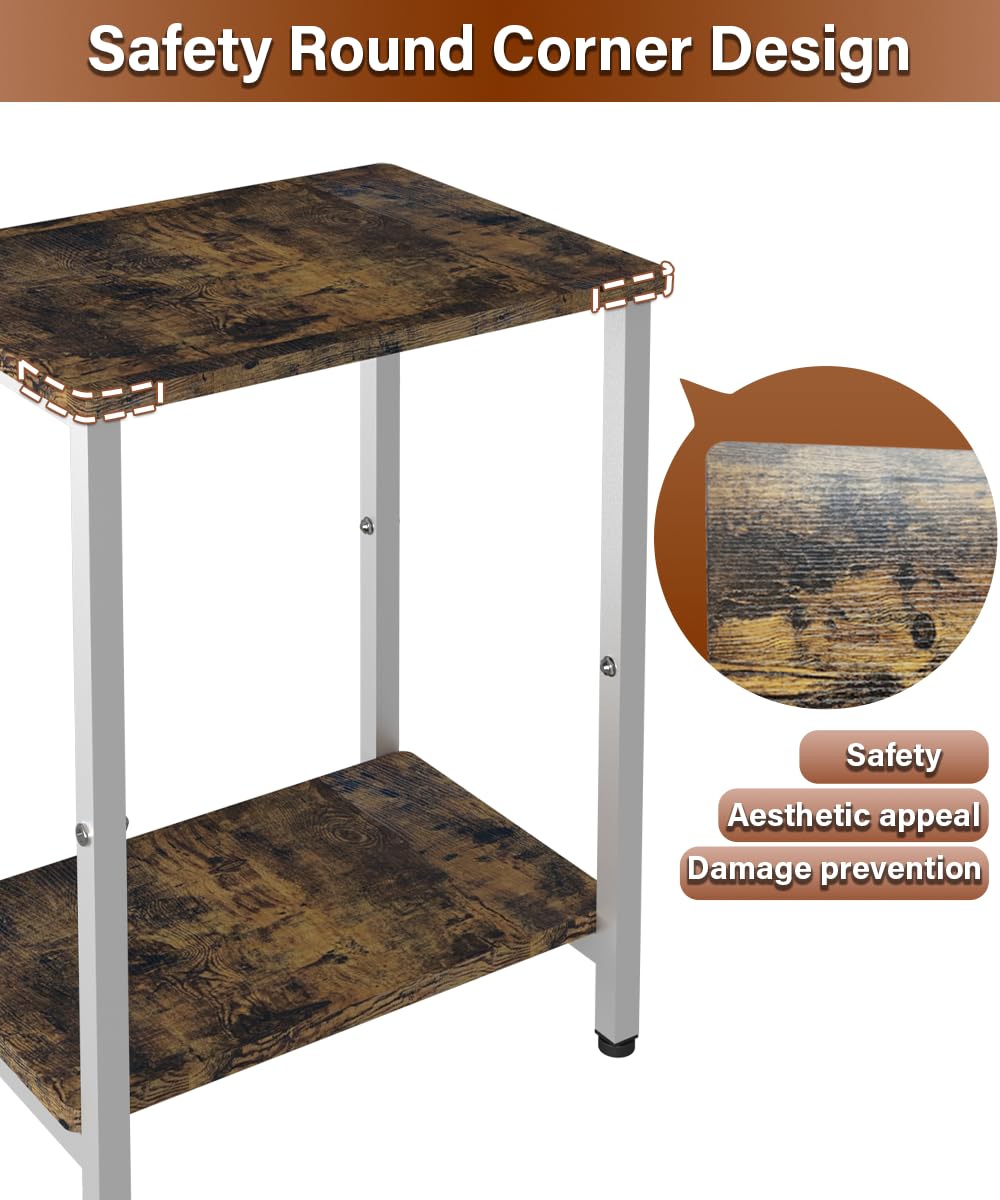 Tigerden 2 Tier Side Table, Heavy Duty End Table with Shelves, Narrow nightstand Table for Small Spaces, Record Player Table for Bedroom, Living Room, Sofa Couch - Rustic Brown & White Tigerden