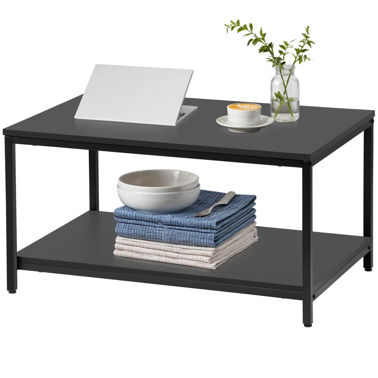 SUPER DEAL 2-Tier Industrial Coffee Table with Storage Shelf for Small Apartment Living Room, Rectangle Wood and Stable Metal TV Stand Side End Table, Black SUPER DEAL