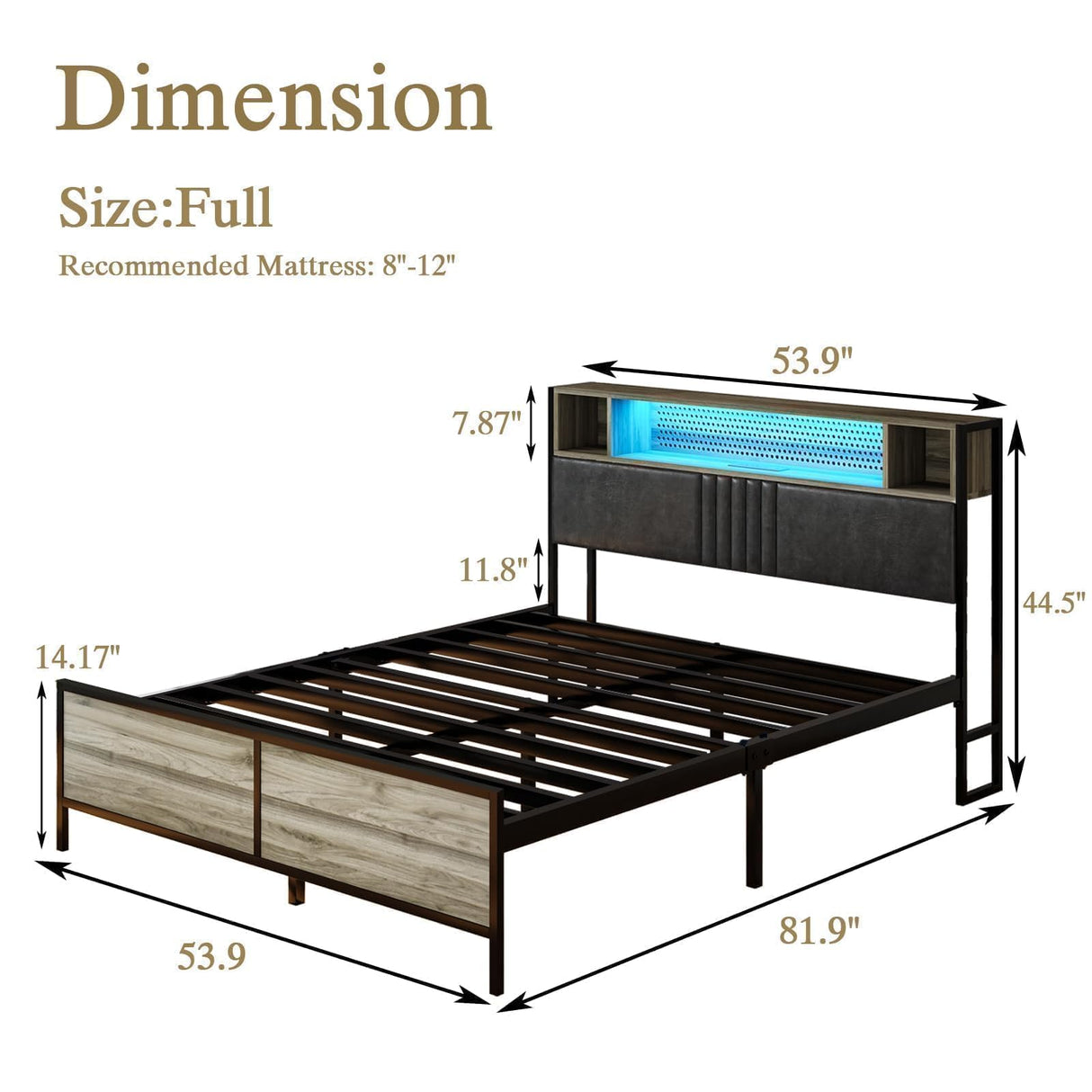 Full Bed Frame with Storage and Charging Station, Upholstered Bed Frame Full with LED Lights, Heavy Duty Metal Slat Support, No Box Spring Needed, Noise-Free, Easy Assembly, Noise-Free, Wash Grey CHABUILDREARK