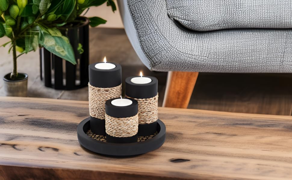 IYARA CRAFT Tealight Candle Holders with Candle Tray Set of 3 Decorative Candle Holders Matte Wood Finish with Small Rope Decoration IYARA CRAFT