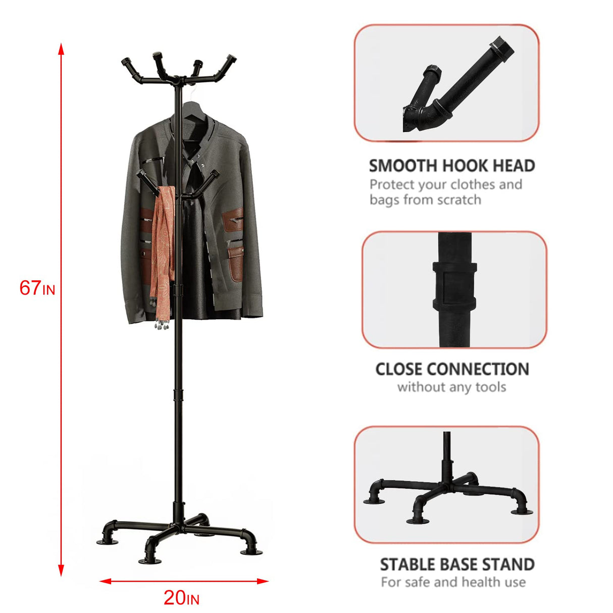 THRONKENGER Industrial Coat Rack,Metal Pipe Coat Rack Stand Freestanding with 6 Hooks,Heavy Duty Coat Tree Sturdy Coat Racks for Entryway, Hallway, Bedroom (Black) THRONKENGER