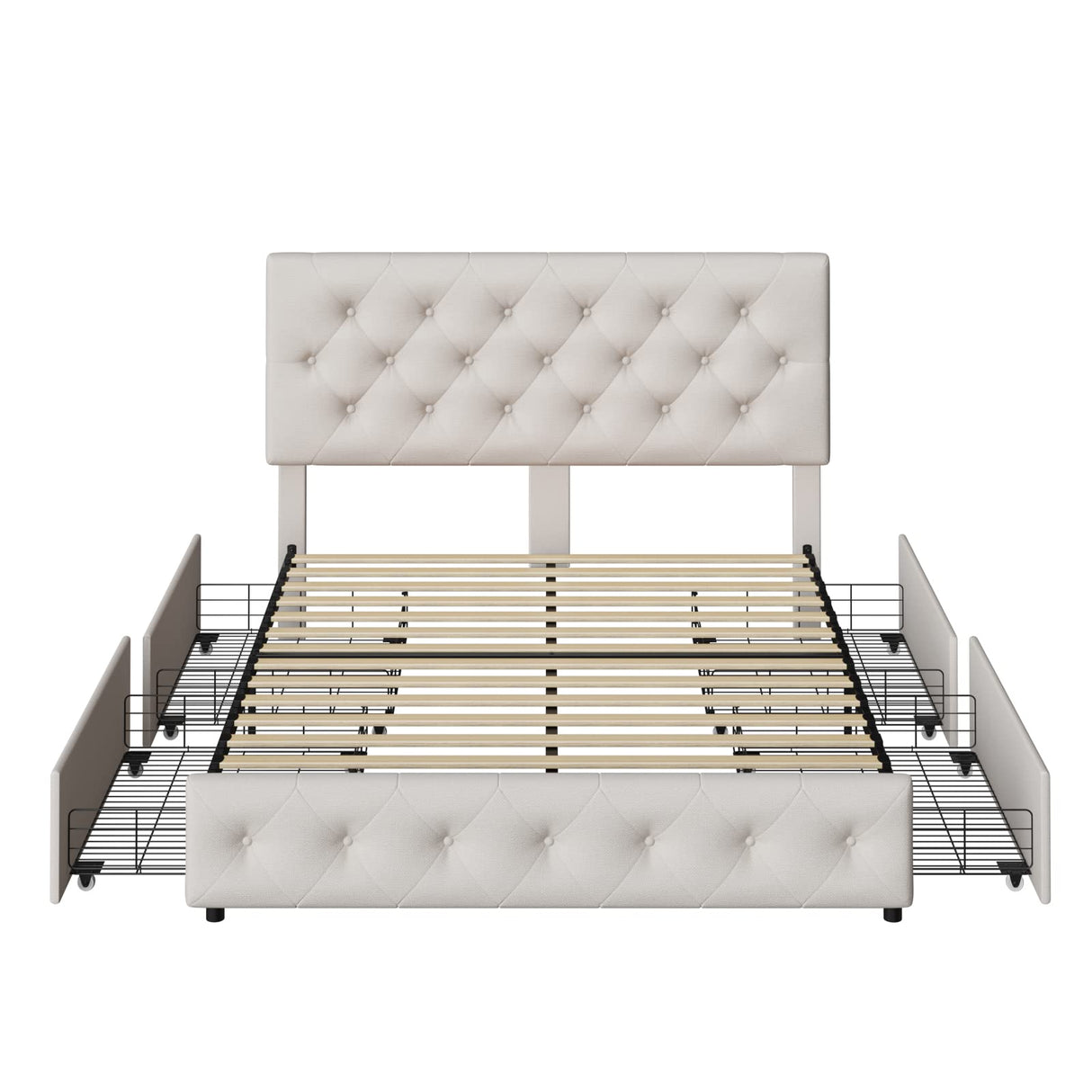 Full Size Bed Frame with 4 Storage Drawers and Adjustable Headboard, Upholstered Platform Bed with Button Tufted Design, Strong Wooden Slats Support, No Box Spring Needed, Fabric, Cream TTVIEW