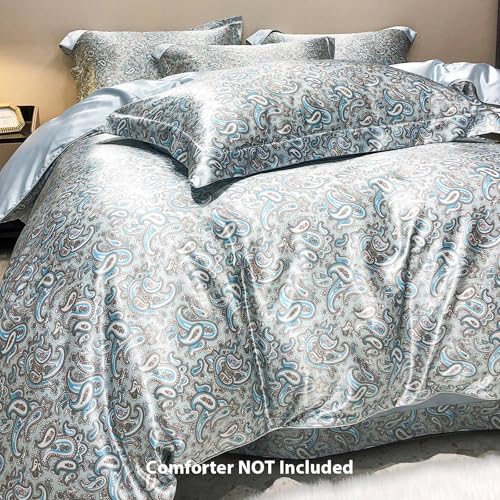TodaFre Blue Duvet Cover Queen Size Set, 3 Pieces Lightweight Satin Bedding Set - 1 Cashew Printed Duvet Cover 90x90 Inches with Zipper Closure, 2 Pillowcases TodaFre