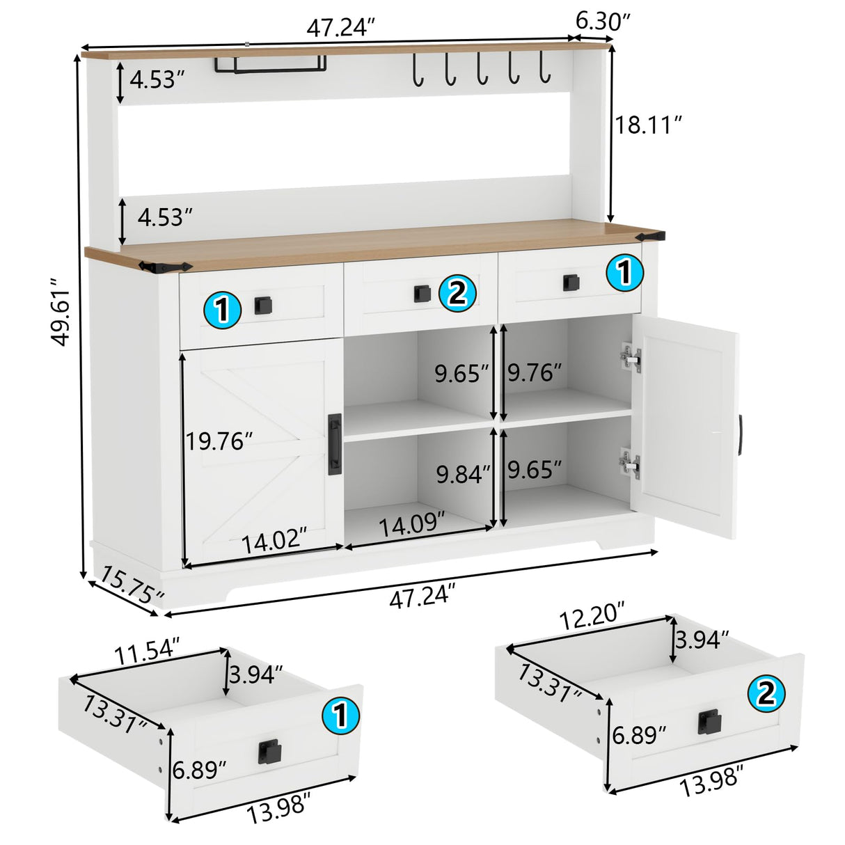 Gyfimoie Farmhouse Bar Cabinet with Hutch, Kitchen Buffet Cabinet with Storage Cabinet & 3 Sliding Drawers, Adjustable Shelf, Goblet Holder, Cup Hooks for Living Room, Dining Room Use (White) Gyfimoie