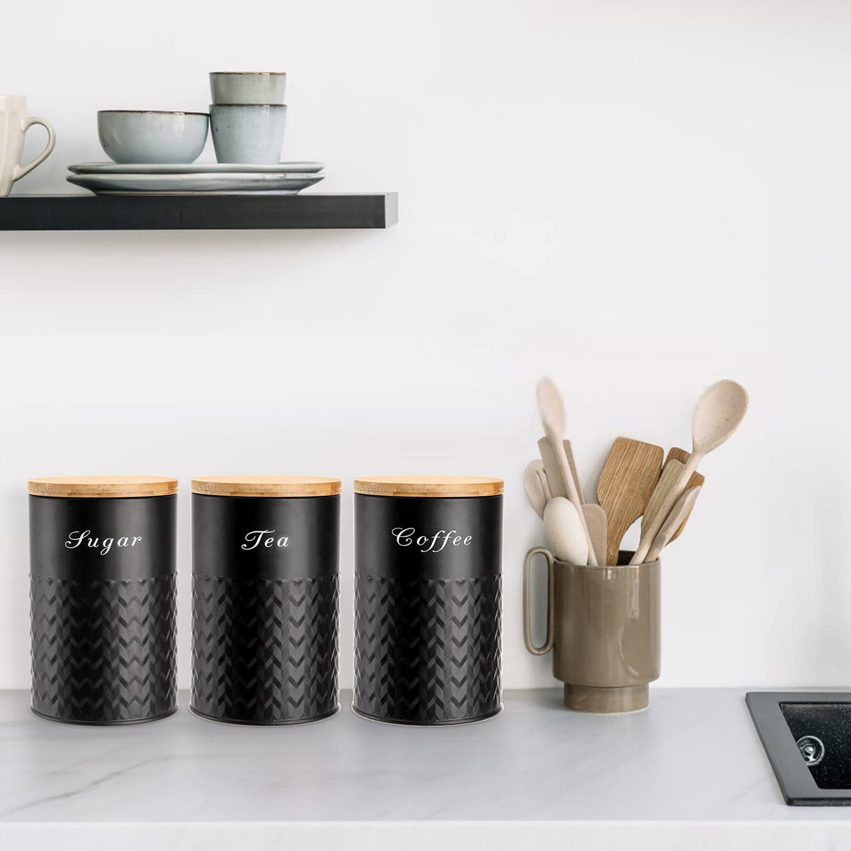 Bekith 3 Pack Kitchen Canisters with Bamboo Lids, Airtight Metal Canister Set, Food Storage Containers Jars for Coffee, Sugar, Tea, Flour, Rustic Farmhouse Kitchen Decor Containers, Black Bekith