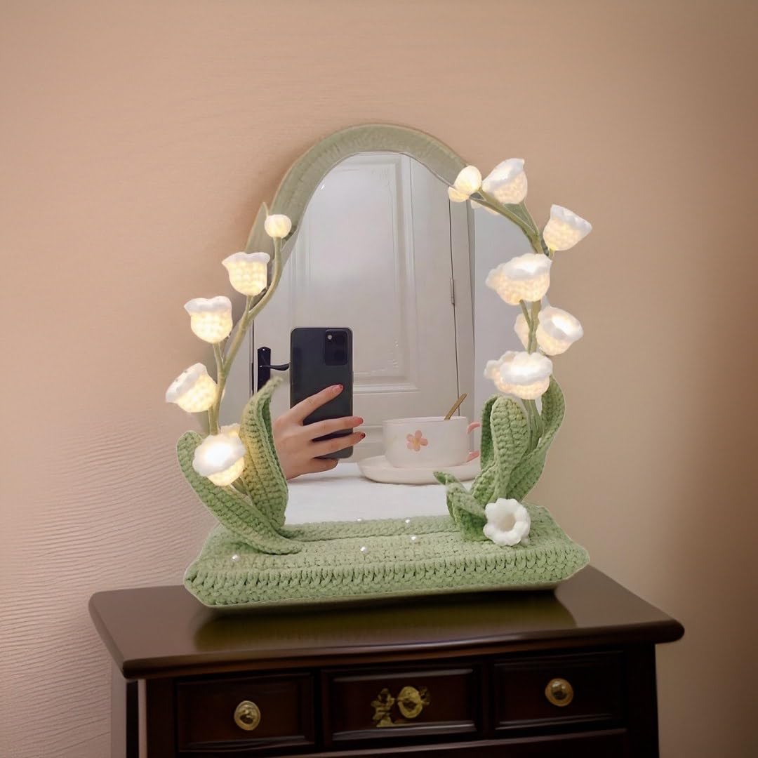 kasthamandap wooden Makeup Vanity Mirror with led Light, Handcrafted Crochet Flower Accent for Room Decoration kasthamandap wooden