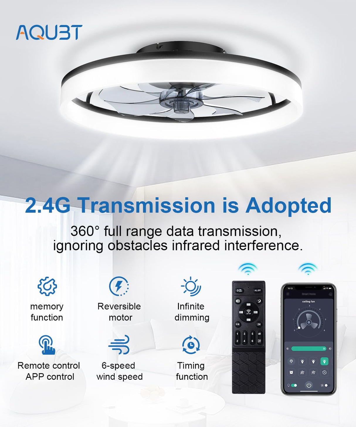 Ceiling Fans with Lights and Remote, 20"Modern Low Profile Ceiling Fan with Light , Stepless Color Temperature Change and 6 Speeds, Flush Mount Ceiling Fans for Bedroom, Kids Room and Living Room. AQUBT