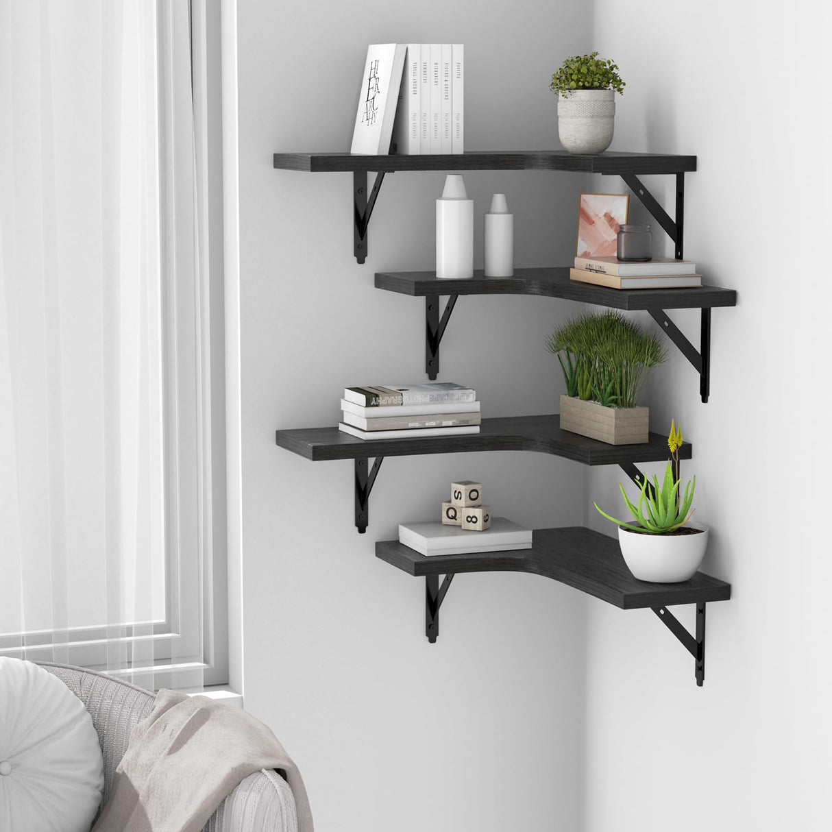 ROMGUAR CRAFT Corner Floating Shelves Wall Mounted Set of 4, Rustic Wood Storage Display Wall Shelves for Home Decor, Bathroom, Kitchen, Bedroom, Living Room, Office (Black) ROMGUAR CRAFT