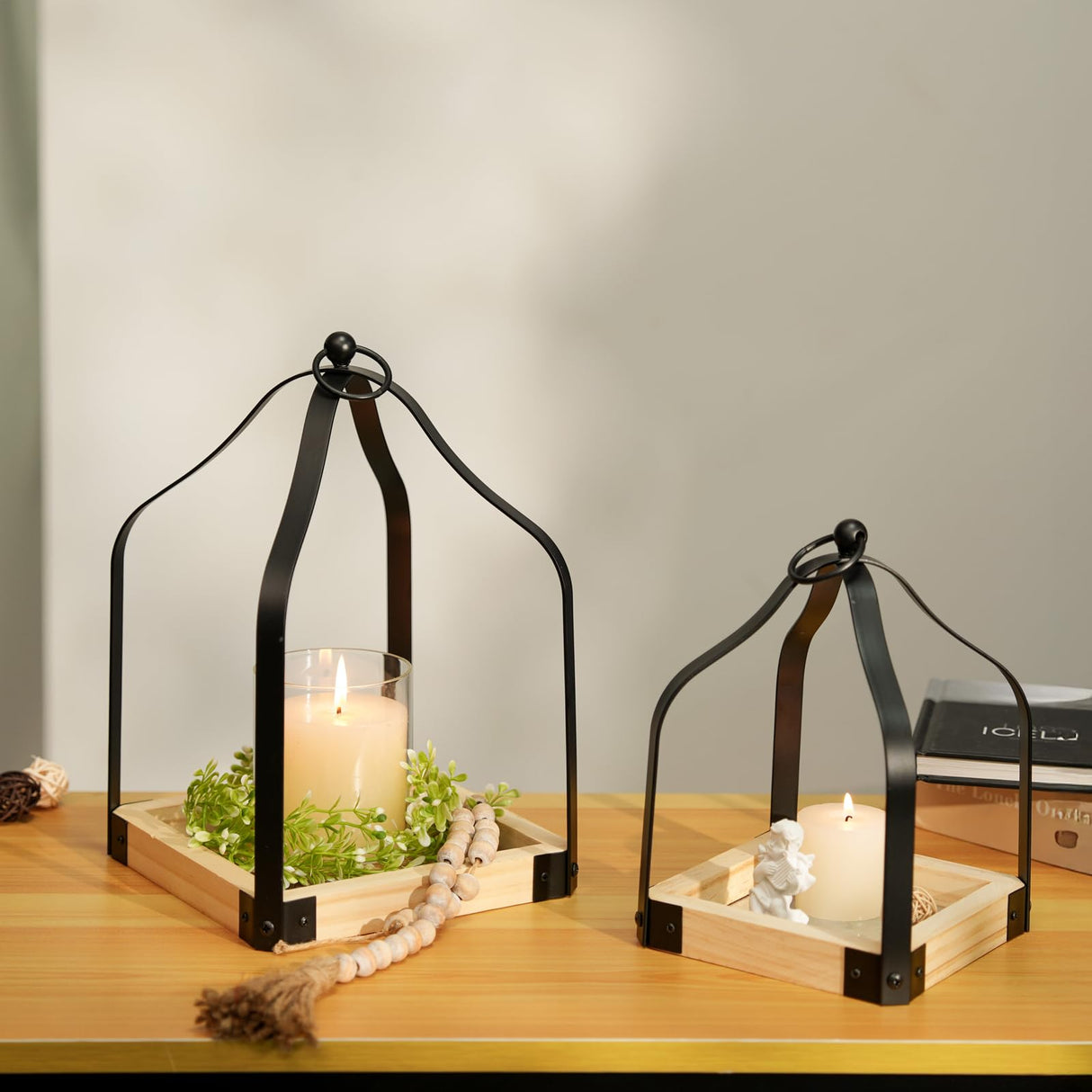 Romadedi Farmhouse Candle Lantern Decorative: Set of 2 Rustic Wood Candle Holder for Home Decor Living Dining Room Kitchen Fireplace Mantle Decorations Christmas Table Centerpiece Romadedi