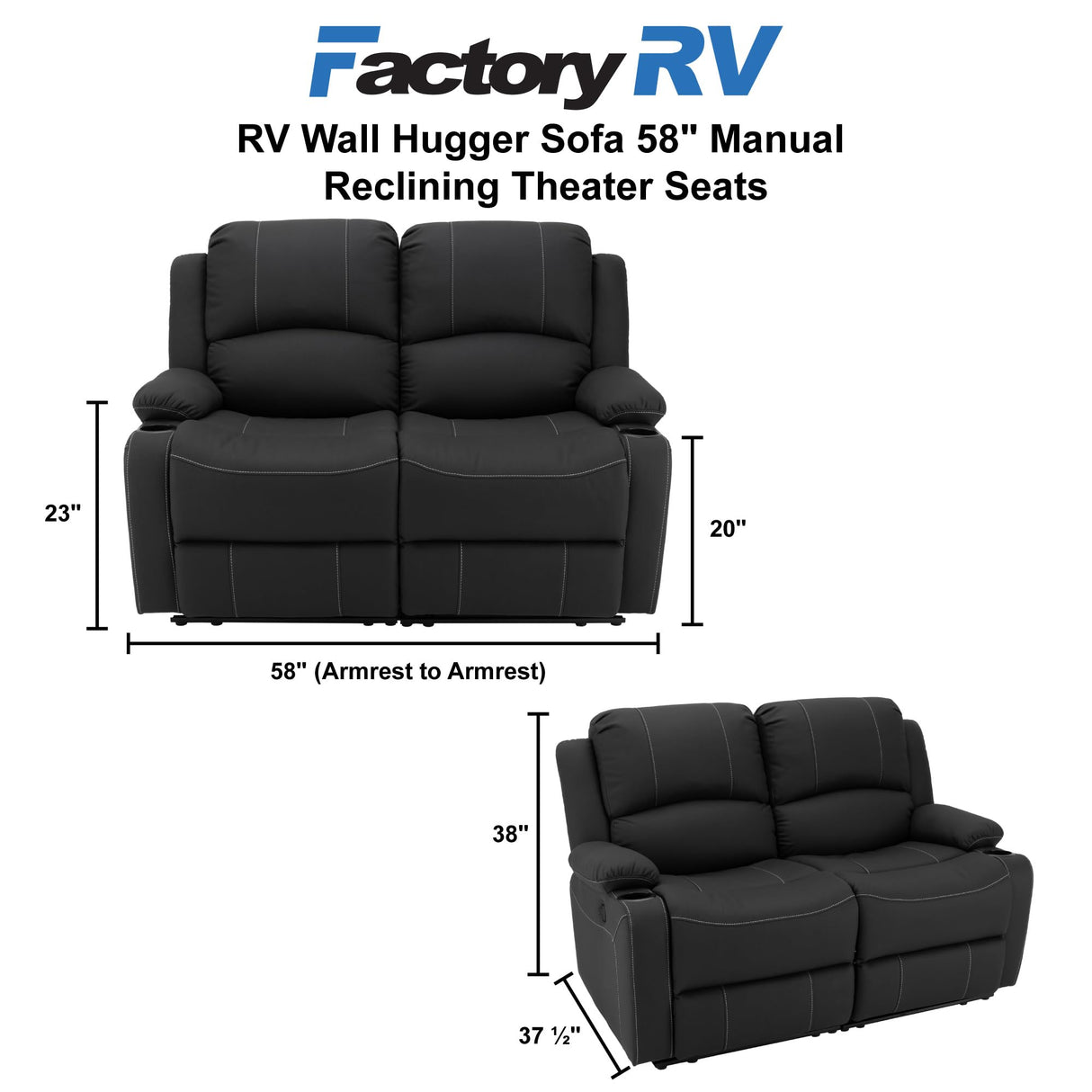 Camper Comfort 58" Wall Hugger Reclining RV Theater Seats | Double Recliner RV Sofa | RV Couch | Wall Hugger Recliner | RV Theater Seating | RV Furniture (Manual, Black w/White Stiching) Camper Comfort