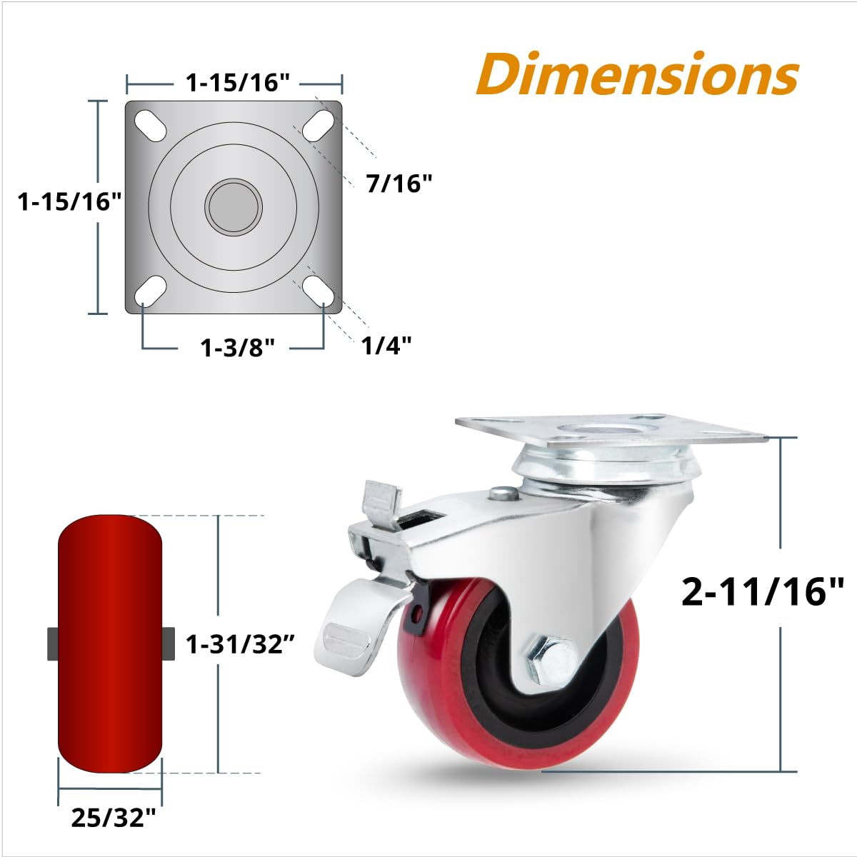 POWERTEC 2 Inch Swivel Caster Wheels Set of 4 with 400 lbs Loads, Heavy Duty Plate Casters (2 with Brakes & 2 without), PU Castor Wheels for Furniture, Cart, Dolly and Workbenches (17212) POWERTEC