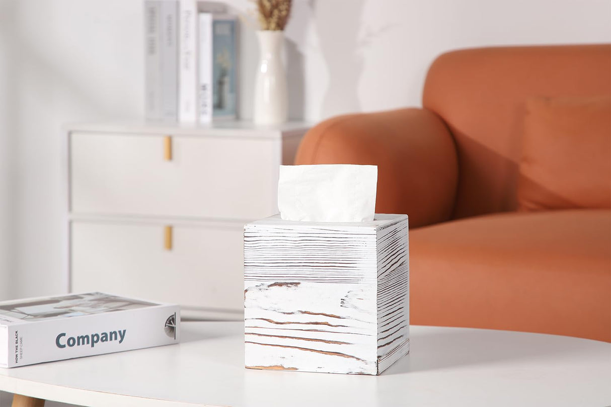 CATORY Tissue Box Cover, Wood Tissue Box Cover Square, Farmhouse Tissue Box Holder Covers Your Tissues, Decorative Tissue Cube Box Cover with Slide-Out Bottom (White) CATORY