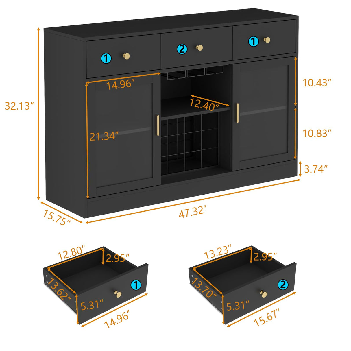 Auromie Wine Bar Cabinet with LED Light, Home Coffee Cabinet with Wine and Glass Rack, Kitchen Buffet Sideboard with Storage Drawers & Adjustable Shelves, Modern Liquor Cabinet with Glass Door (Black) Auromie