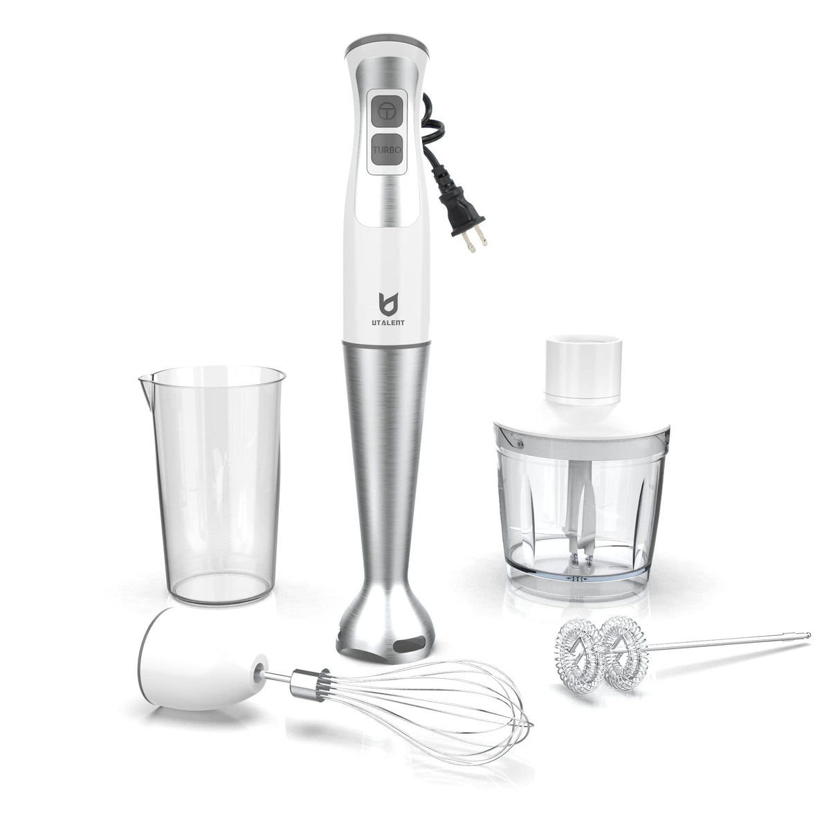 Immersion Hand Blender, UTALENT 5-in-1 8-Speed Immersion Blender with 500ml Food Grinder, 600ml Container,Milk Frother,Egg Whisk,Puree Infant Food, Smoothies, Sauces and Soups - White UTALENT