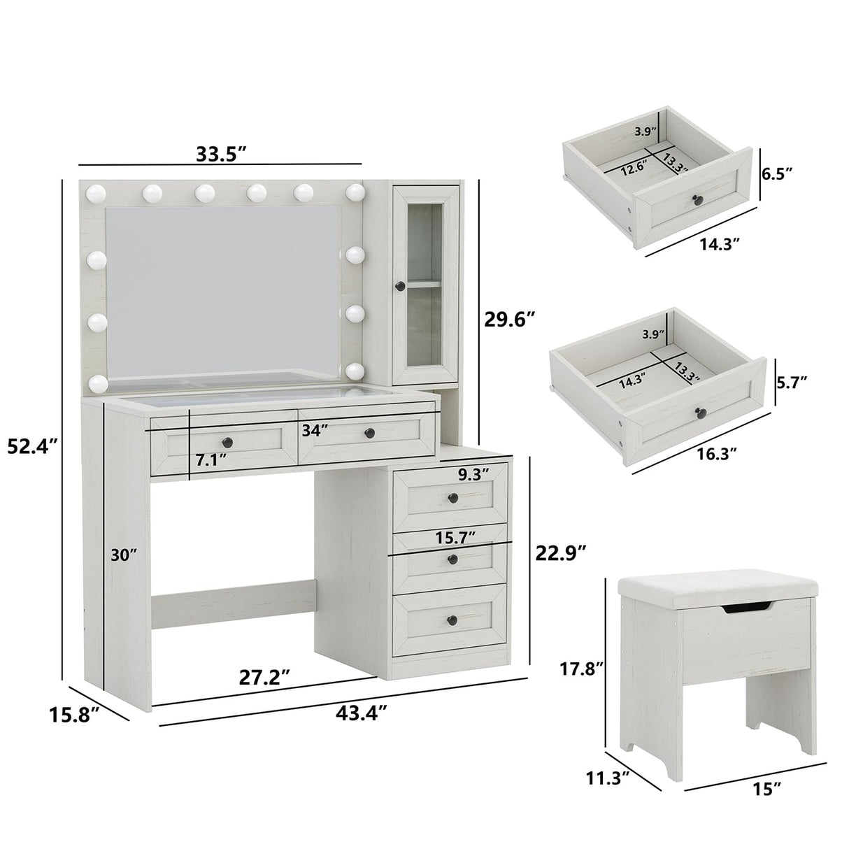 Diwnnue Large Farmhouse Mirror Vanity Desk with LED Bulbs White Makeup Table Set Glass Tabletop for Bedroom Charging Station & Power Outlet Adjustable Light Mode Diwnnue